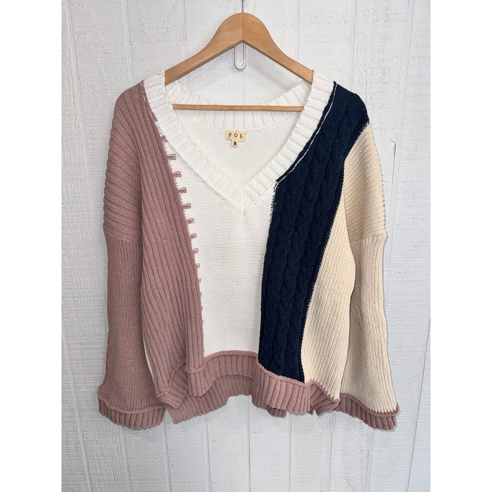 POL Sweater Women Small Multi Colorblock Cable Knit V-Neck Oversized BST570A